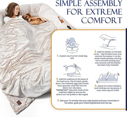Human Dog Bed for Adult - Giant Dog Bed for Humans – Fluffy with Washable Cover, Nonslip, Waterproof Lining, Storage Pockets, Soft blanket – Ideal for Adults and Kids, Sized to Fit Small to Large Pets
