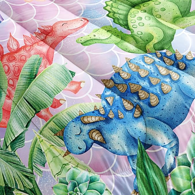 Datura home Kids Dinosaur Comforter Set for Girls Women,Cute Mermaid Scales and Rainbow Cloud Printed Pattern Kawaii Dinosaur Bedding Set with 2 Pillowcases(Dinosaur Rainbow Twin)