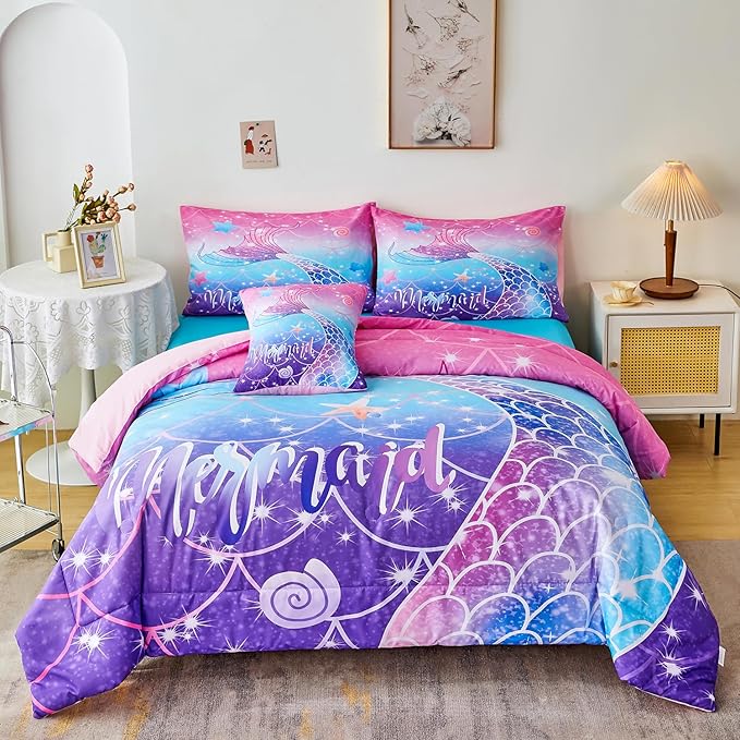 URBONUR Full Size Comforter Set for Girls Purple Blue Mermaid Tail Fish Scales Girls Bedding Set 6 Pcs Bed Sets with Comforter and Sheet Set, Soft All Season Bed in a Bag