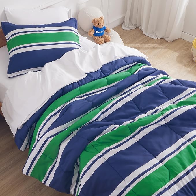 SLEEP ZONE Kids Rugby Bedding Comforter Set Full/Queen Size - Super Cute & Soft Kids Bedding 7 Pieces Set with Comforter, Sheet, Pillowcase & Sham (Rugby Stripe Navy/Green)