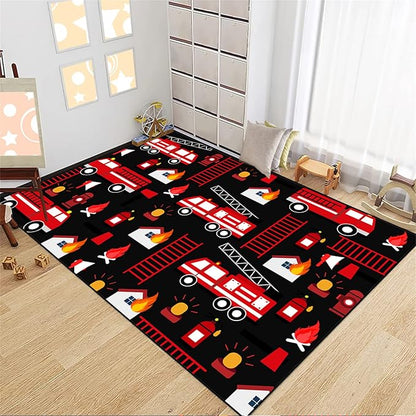 Car Play Rug Fire Fighting Truck Area Rug Car Rug Play Mat Kids Rugs for Playroomcar Rug for Boys Room Carpet Floor Mat for Bedroom Living Room,Black 3'×4'