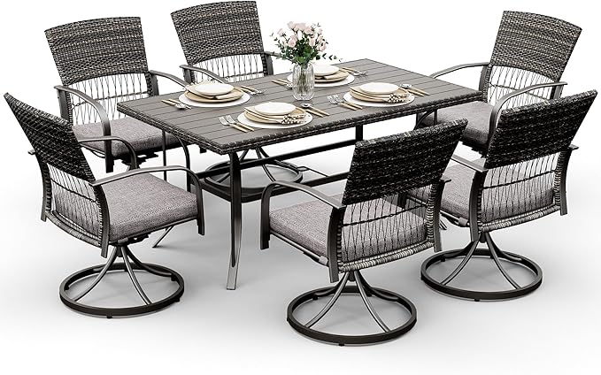 Pamapic 7 Piece Patio Dining Set for 6,Outdoor Wicker Furniture Set for Backyard Garden Deck Poolside with 6 Cushions Swivel Rocker Chairs,Iron Slats Table Top, Removable Cushions(Gray)