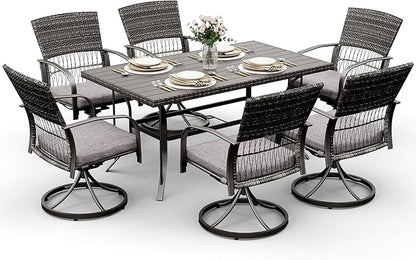 Pamapic 7 Piece Patio Dining Set for 6,Outdoor Wicker Furniture Set for Backyard Garden Deck Poolside with 6 Cushions Swivel Rocker Chairs,Iron Slats Table Top, Removable Cushions(Gray)