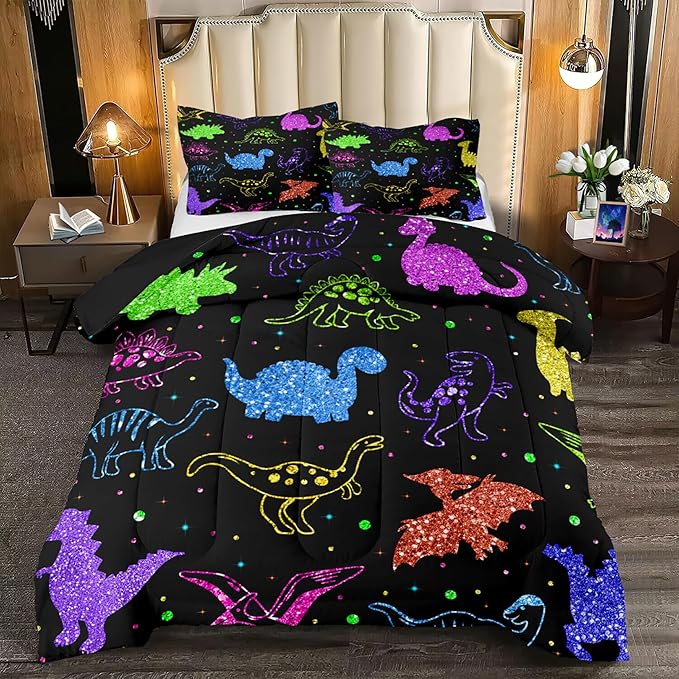 Cartoon Dinosaur Bedding Full Size, Kids Dinosaur Comforter Set for Boys Dinosaur Print Kids Bedding Set Soft Teens Boys Comforter Set Full Size (1 Comforter 2 Pillowcase)