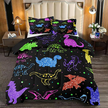 Cartoon Dinosaur Bedding Full Size, Kids Dinosaur Comforter Set for Boys Dinosaur Print Kids Bedding Set Soft Teens Boys Comforter Set Full Size (1 Comforter 2 Pillowcase)