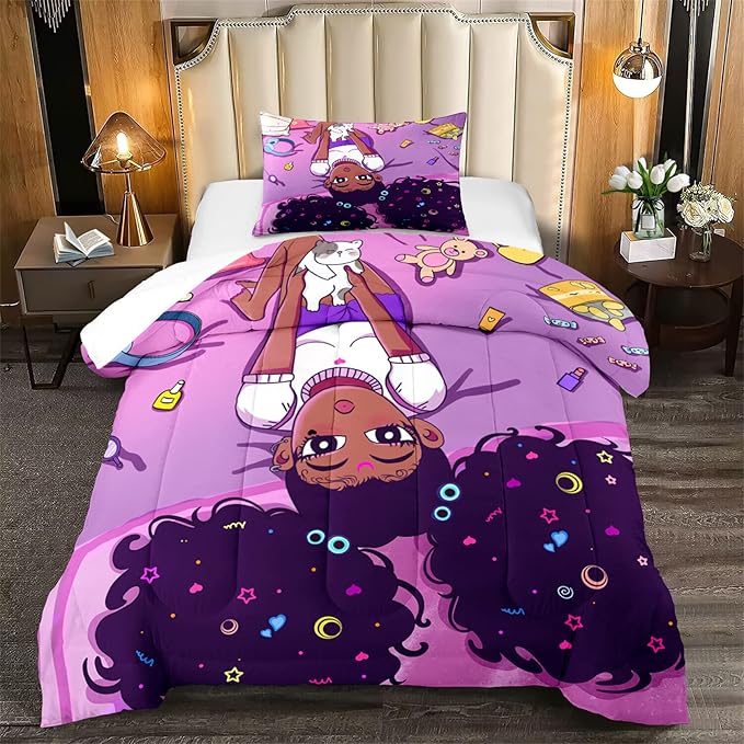 Cute African American Girls Comforter Set for Girls Room Pink Twin Comforter Set for Girls 2 Piece Afro Black Girls Bedding Set with 1 Pillowcase Snacks Bear Girls Quilt, Twin Size