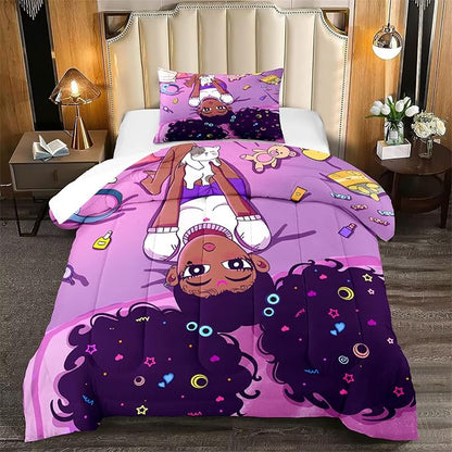Cute African American Girls Comforter Set for Girls Room Pink Twin Comforter Set for Girls 2 Piece Afro Black Girls Bedding Set with 1 Pillowcase Snacks Bear Girls Quilt, Twin Size