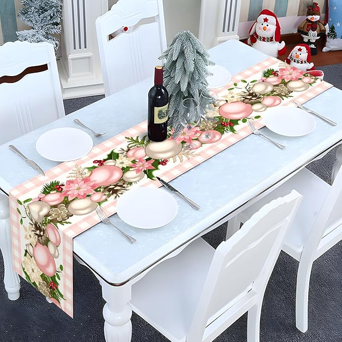 Nepnuser Pink Christmas Table Runner Pink and White Buffalo Check Plaid Xmas Decoration Seasonal Winter Holiday Home Kitchen Island Dining Room Decor