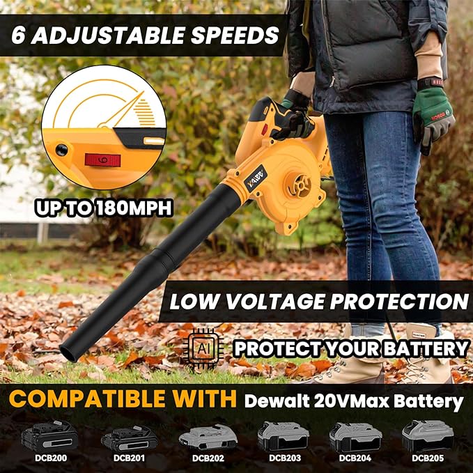 Cordless Leaf Blower for Dewalt 20V Max Battery, Jobsite Air Blower with Brushless Motor,6 Variable Speed Up to 180MPH,2-in-1 Handle Electric Blower and Vacuum Cleaner(Battery Not Included)