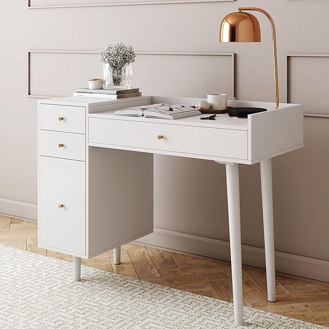Nathan James Daisy Vanity Dressing Table or Makeup Desk with 4-Drawers and Brass Accent Knobs, White Wood