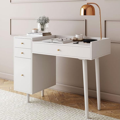 Nathan James Daisy Vanity Dressing Table or Makeup Desk with 4-Drawers and Brass Accent Knobs, White Wood