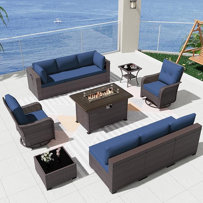 Patio Furniture Sectional Sofa Set 11PCS PE Rattan Swivel Rocking Chairs Patio Conversation Set w/43in Gas Fire Pit Table, Outdoor Furniture with 55000 BTU Propane Fire Pit, Navy Blue