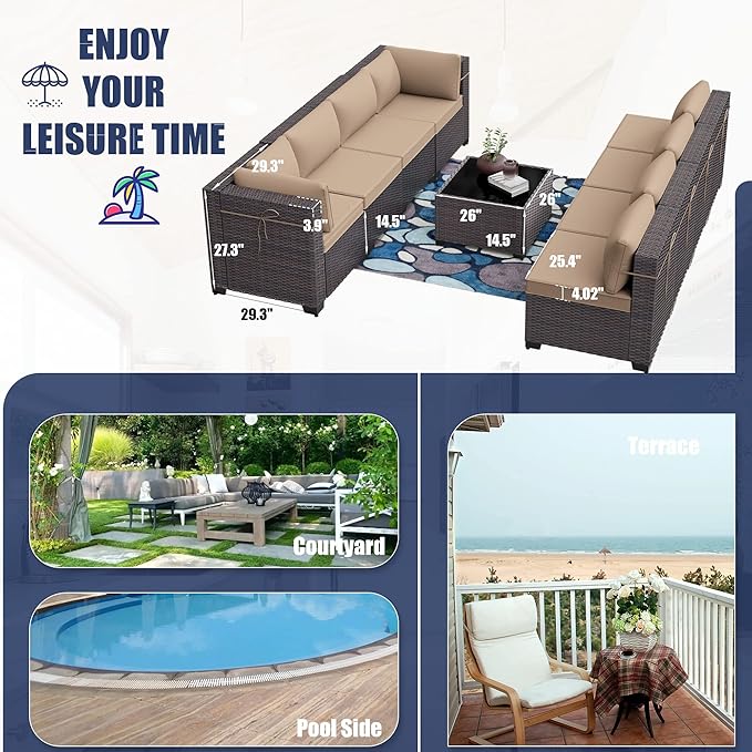 Patio Furniture Set 9PCS Outdoor Furniture for Backyard Wicker Sectional Sofa Set, Rattan Patio Conversation Set with Thickened Cushions and Glass Coffee Table, Sand