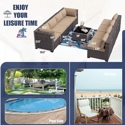 Patio Furniture Set 7-Pieces Outdoor Furniture for Backyard Wicker Sectional Sofa Set, Rattan Patio Conversation Set with Thickened Cushions and Glass Coffee Table, Sand