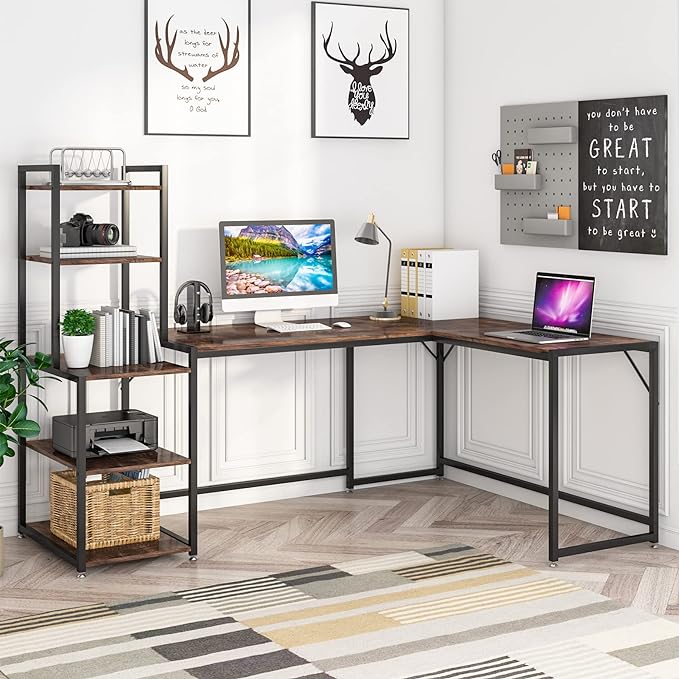 79 Inch Reversible L-Shaped Desk, Large Corner Computer Desk with 5 Tier Storage Shelves