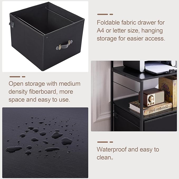 VECELO Mobile Lateral File Cabinet Rolling Printer Stand with 3 Open Storage Shelf, Ideal for Letter Size Folders, with Lockable Casters, Strong Steel Frame, Perfect for Office, Black, 2 Drawer