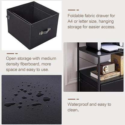 VECELO Mobile Lateral File Cabinet Rolling Printer Stand with 3 Open Storage Shelf, Ideal for Letter Size Folders, with Lockable Casters, Strong Steel Frame, Perfect for Office, Black, 2 Drawer