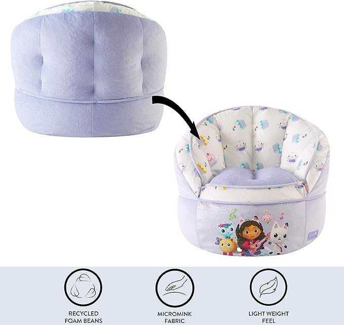 Idea Nuova Gabbys Dollhouse Purple Round Bean Bag Chair for Kids, Ages 3+, Large