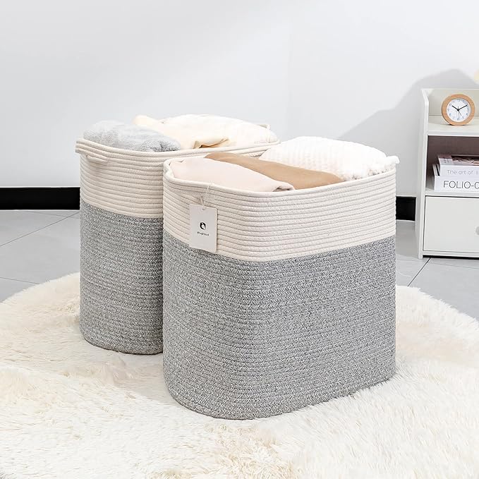 Tall Storage Bins Rectangle Basket Cotton Extra Large Toy Storage Hamper Rectangular with Handles,Decorative Blanket Laundry Basket for Living room,Dog Baskets Large Basket for Toys 2 pack