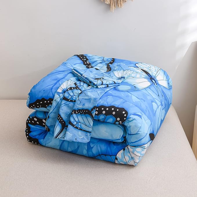 Btargot 3 Piece Blue Butterfly Girls Kids Adults Queen Size Comforter Set, Lightweight Soft All Season Bedding Set with 2 Pillowcases