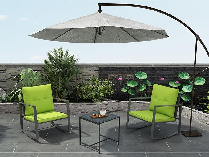 3 Piece Rocking Bistro Set - Synthetic Wicker Outdoor Furniture - Glass Coffee Table with 2 Chairs for Balcony, Patio & Porch - Black Metal, Soft Cushions (Green)