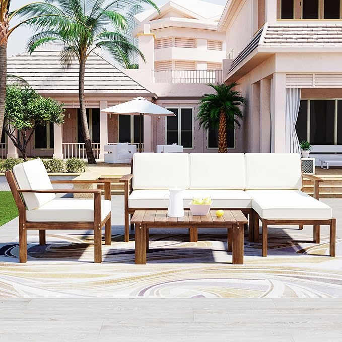 Outdoor Patio Furniture Set with Acacia Wood L-shaped Sectional Sofa, Armchair and A Small Table, 4-Piece for Gardens Backyards Balconies, Onesize, Beige Cushions