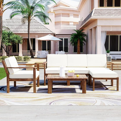 Outdoor Patio Furniture Set with Acacia Wood L-shaped Sectional Sofa, Armchair and A Small Table, 4-Piece for Gardens Backyards Balconies, Onesize, Beige Cushions