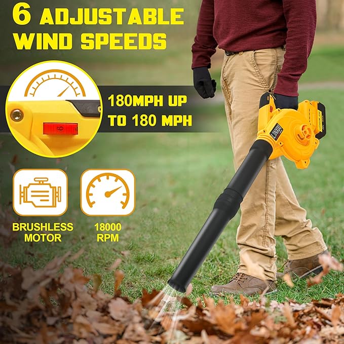 Cordless Leaf Blower for Dewalt 20V Max Battery, Jobsite Air Blower with Brushless Motor,6 Variable Speed Up to 180MPH,2-in-1 Handle Electric Blower and Vacuum Cleaner(Battery Not Included)