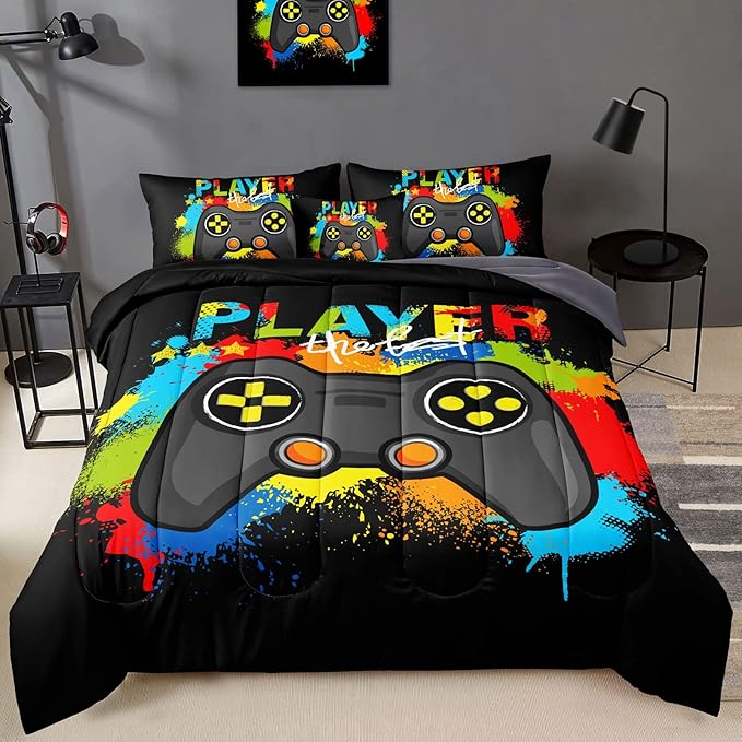 6 Pieces Gamer Comforter Set for Boys Gaming Bedding Set Full Size,Video Game Controller Comforter for Boys Kids Adult 3D Gamepad Microfiber Bedding Sets 6 Pieces Bed in A Bag Sets30019,Full