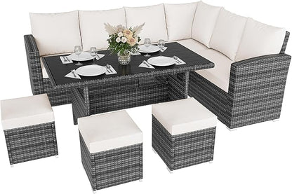 IDEALHOUSE 7 Pieces Outdoor Dining Set,Patio Sectional Sofa Conversation Set All Weather Wicker Rattan Couch Dining Table & Chair with Ottoman Beige