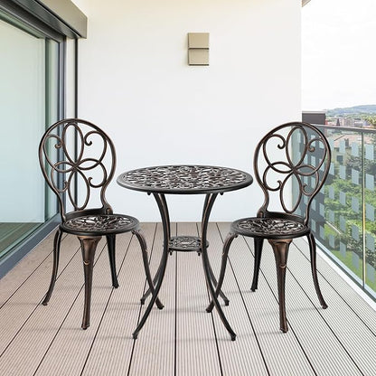 3 Piece Outdoor Bistro Set, Cast Aluminum Bistro Table and Chairs Set, Weather Resistant Patio Metal Bistro Sets, Patio Table Set with Umbrella Hole for Balcony Backyard Garden
