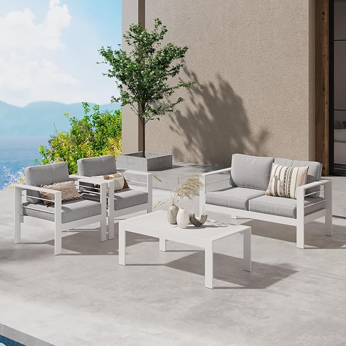 Wisteria Lane Outdoor Patio Furniture Set, 4 Pieces Aluminum Sectional Sofa, Metal Patio Conversation Set with Loveseat, 5 Inch Light Grey Cushion and Coffee Table (White & Light Grey)