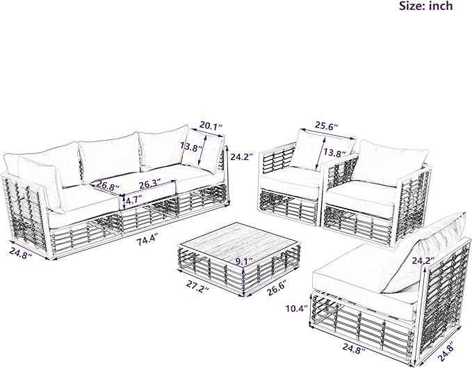7-Piece Rattan Woven Outdoor Patio Furniture Set, All-Weather Sectional Sofa with Removable Cushions&Coffee Table, Minimalist Style Garden Couch Seating, Onesize, White Frame+Ivory Cushion