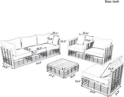 7-Piece Rattan Woven Outdoor Patio Furniture Set, All-Weather Sectional Sofa with Removable Cushions&Coffee Table, Minimalist Style Garden Couch Seating, Onesize, White Frame+Ivory Cushion