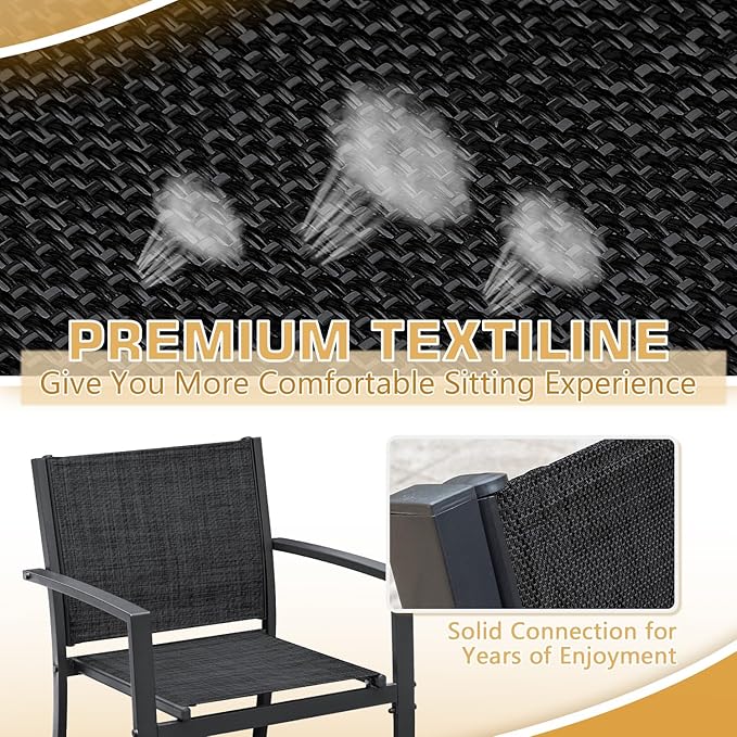 Greesum 4 Pieces Patio Furniture Set Outdoor Conversation Textilene Fabric Chairs for Lawn, Garden, Balcony, Poolside with A Glass Coffee Table, Black
