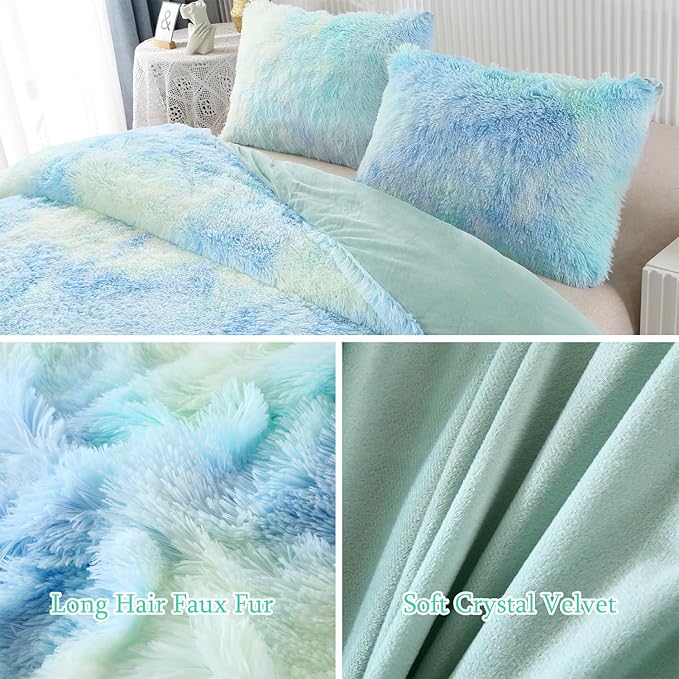 WINLIFE Shaggy Bedding Comforter Set Faux Fur Flannel Furry Comforter Microfiber Long Hair Fluffy Plush Comforter Sets Gradient Ombre Blue Aqua Teal Bedding for Girls Adults (3Pcs, Twin, Mint Green)