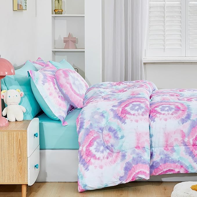 Mooreeke Tie Dye Kids Comforter Bed Set Twin Size for Girls, 6 Pieces Bed in a Bag with Shams, Sheet Set, A Toy Pillow Dark Pink Round Flower Twin Soft Microfiber Kids Comforter Bedding Set