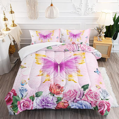 Butterfly Comforter Set for Girls Kids Adults Butterfly Rose Bedding Set Aesthetics Butterflies Quilt Duvet Set Full Size with 1 Comforter and 2 Pillowcases
