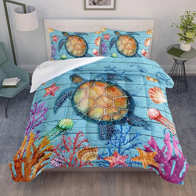 Datura home Sea Turtle Bedding Comforter Set Sea Turtle Ocean Beach Printed Pattern Bedding Set with 1 Comforter and 2 Pillowcases for Boys Bedroom All Season(Sea Turtle Full), Full 80x90inches