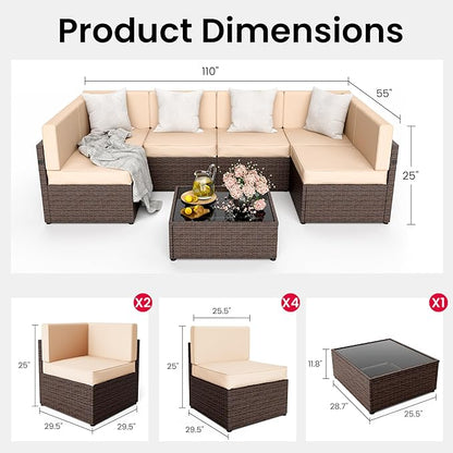 Pamapic 7 Piece Modular Outdoor Sectional, UV Protection Rattan Patio Sectional with Coffee Table, Adjustable Outdoor Couch with Removable Waterproof Cushions Covers(Brown Sugar)