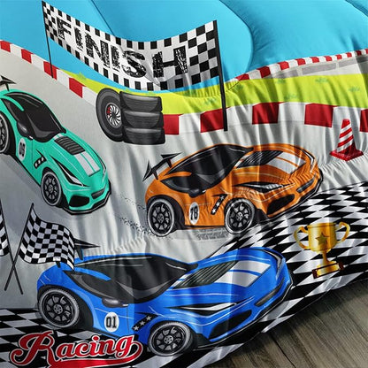 Axolotl Racing Car Bedding Set Twin,Cool Speed Race Car Down Comforter for Kids Boys Girls Teens,Racing Car Comforter Set Car Theme with Three Cars Arrive at Finish,1 Comforter and 2 Pillowcases