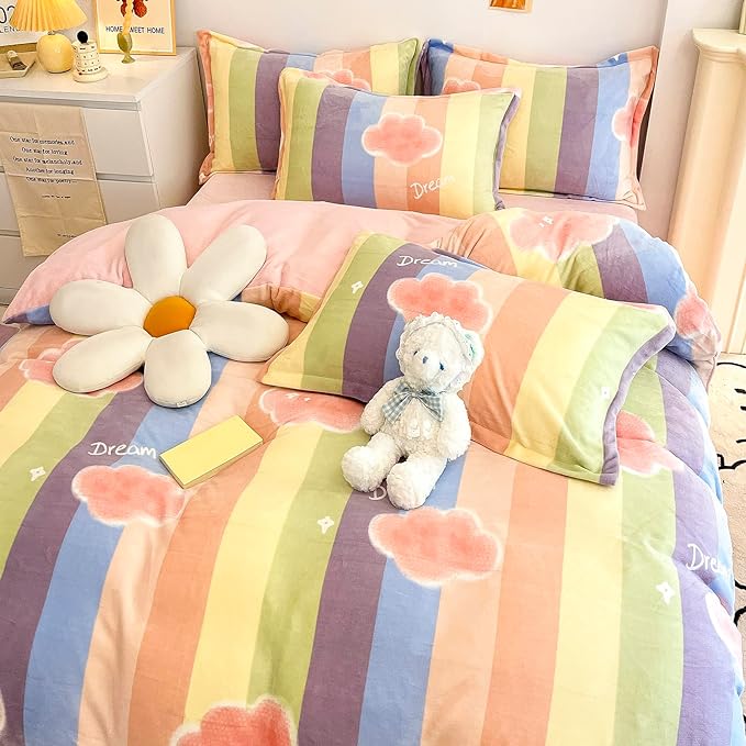 MorroMorn Twin Bedding Sets, Pink Rainbow Stripe Duvet Cover Set, Fluffy Comforter Covers Plush Blanket Ultra Soft Kawaii Cute for Girls Kids Toddler Teen Women Twin/Twin XL Size