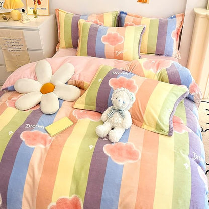 MorroMorn Twin Bedding Sets, Pink Rainbow Stripe Duvet Cover Set, Fluffy Comforter Covers Plush Blanket Ultra Soft Kawaii Cute for Girls Kids Toddler Teen Women Twin/Twin XL Size