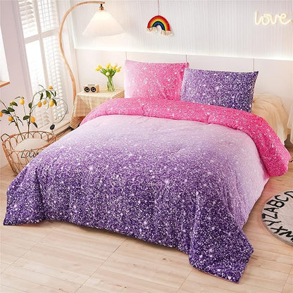 Holawakaka Kids Space Star Glitter Comforter Set Ombre Red & Purple Print Gradient Bedding Set Full Size (Red purple, Full)