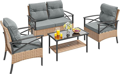 YITAHOME 4-Piece Patio Furniture Wicker Outdoor Bistro Set, All-Weather Rattan Conversation Loveseat Chairs for Backyard, Balcony and Deck with Soft Cushions and Metal Table (Light Brown+Gray)