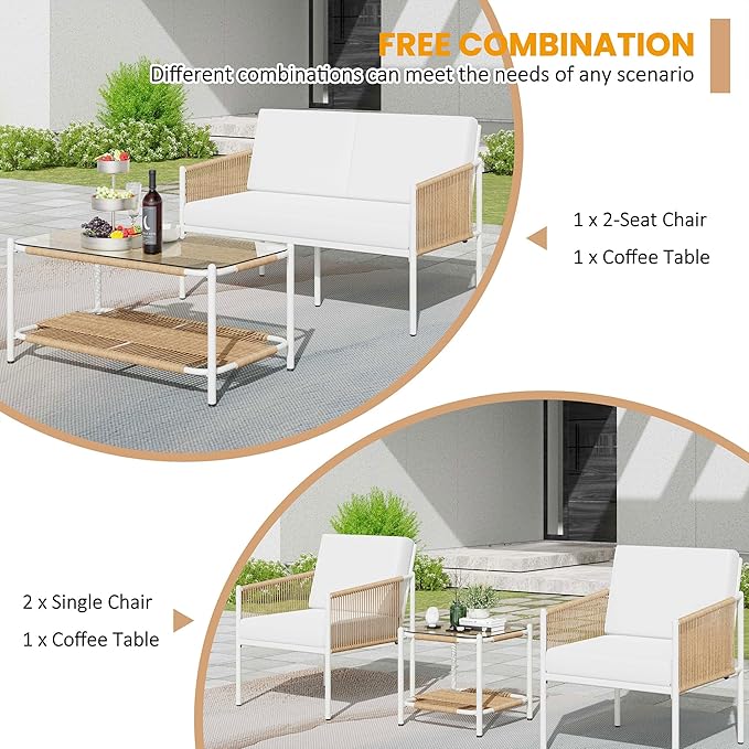 Shintenchi 5 Piece Wicker Outdoor Patio Furniture Set, White Metal Sofa Conversation Set, including Loveseat, Two Single Chairs and Two Coffee Tables for Backyard, Patio, Balcony, Poolside