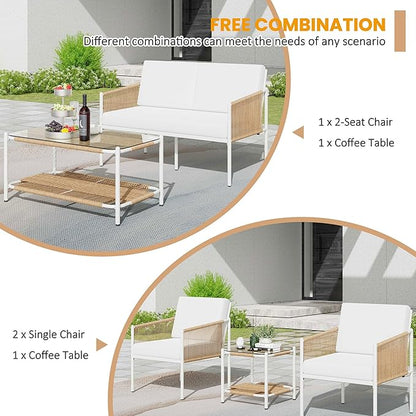 Shintenchi 5 Piece Wicker Outdoor Patio Furniture Set, White Metal Sofa Conversation Set, including Loveseat, Two Single Chairs and Two Coffee Tables for Backyard, Patio, Balcony, Poolside