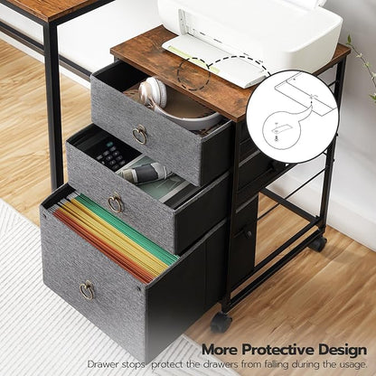 HOOBRO 3-Drawer Mobile File Cabinet, Vertical Filing Cabinet, Office Cabinet, Filing Cabinet for Home Office, Rolling Printer Stand, A4/Letter-Sized, Nonwovens Drawer, Rustic Brown and Gray BFG30WJ01