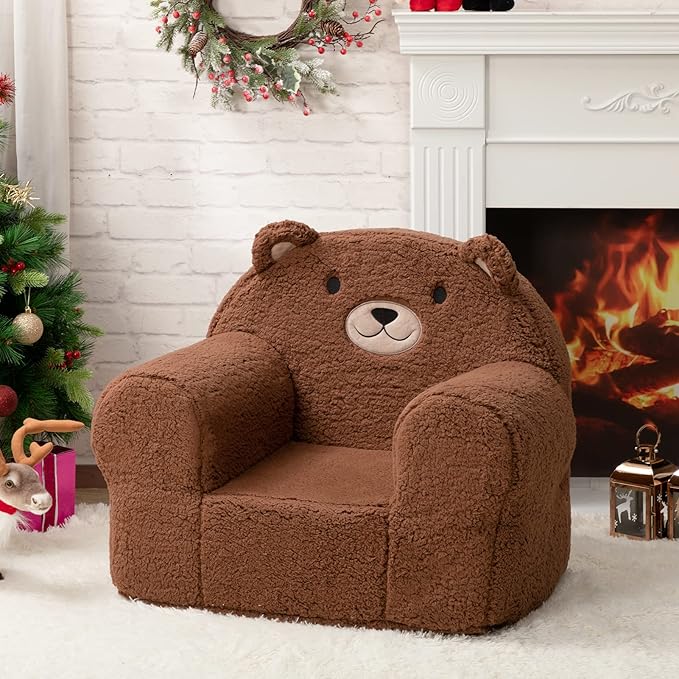 ALIMORDEN Kids Ultra-Soft Snuggle Foam Filled Chair, Toddler Cuddly Sherpa Sofa for Boys and Girls, Large Size Chair Better Support More Comfortable Experience, Caramel Bear