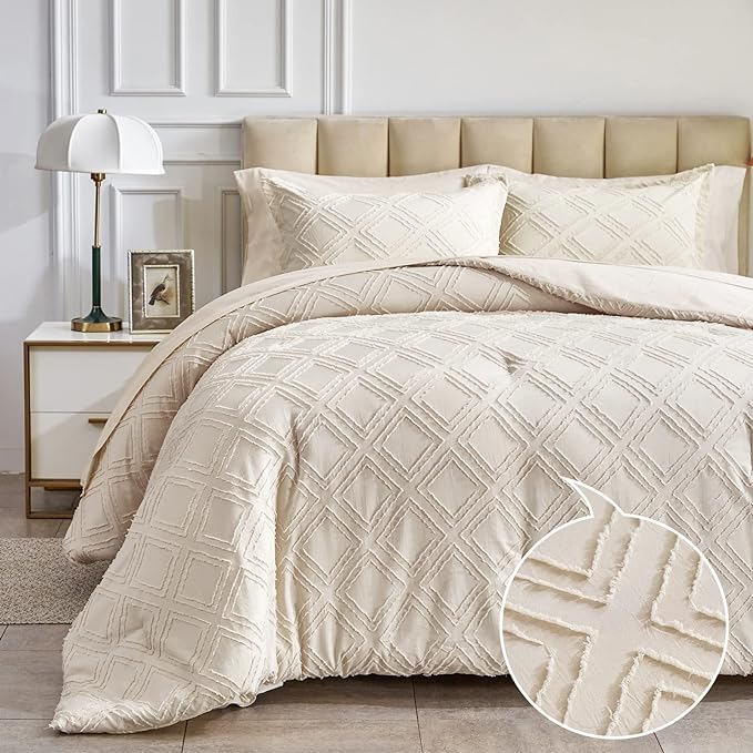 7 Pieces Tufted Bed in a Bag King Comforter Set with Sheets Beige, Soft and Embroidery Shabby Chic Boho Bohemian, Luxury Solid Color with Diamond Pattern, Jacquard Tufts Bedding Set for All Season